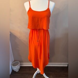 Vibrant Orange Adjustable Straps Boho Midi Dress